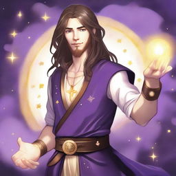 A detailed drawing of a white-skinned teen sorcerer with long brown hair, violet eyes, and a brown beard