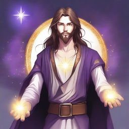 A detailed drawing of a white-skinned teen sorcerer with long brown hair, violet eyes, and a brown beard