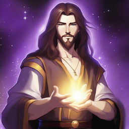 A detailed drawing of a white-skinned teen sorcerer with long brown hair, violet eyes, and a brown beard