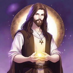 A detailed drawing of a white-skinned teen sorcerer with long brown hair, violet eyes, and a brown beard