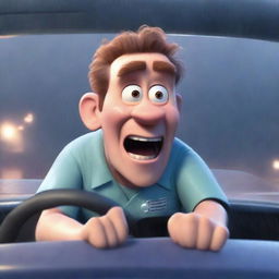 A Pixar-style animated scene of a scared man wearing nurse scrubs driving to work