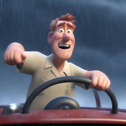 A Pixar-style animated scene of a scared man wearing nurse scrubs driving to work