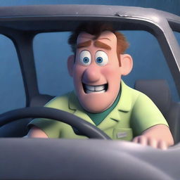 A Pixar-style animated scene of a scared man wearing nurse scrubs driving to work