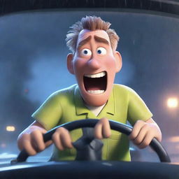 A Pixar-style animated scene of a scared man wearing nurse scrubs driving to work