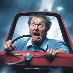 A scene depicting a scared man wearing nurse scrubs driving to work