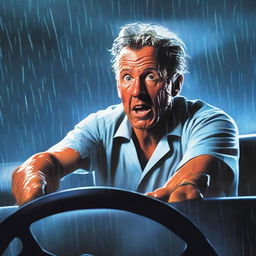 A scene depicting a scared man wearing nurse scrubs driving to work