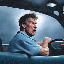 A scene depicting a scared man wearing nurse scrubs driving to work