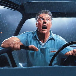 A scene depicting a scared man wearing nurse scrubs driving to work