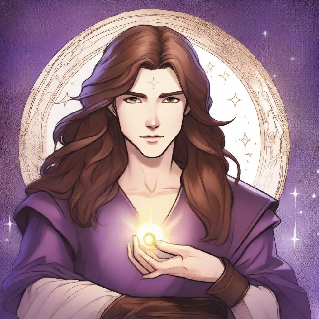 A detailed drawing of a white-skinned teen sorcerer with long brown hair, violet eyes, and a brown beard