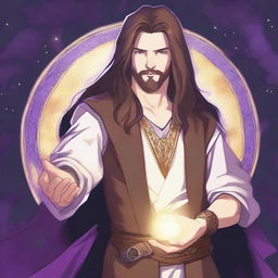 A detailed drawing of a white-skinned teen sorcerer with long brown hair, violet eyes, and a brown beard