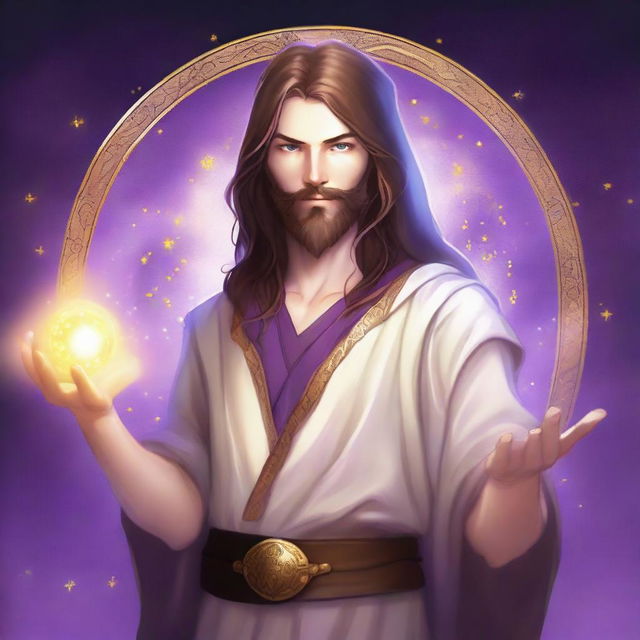 A detailed drawing of a white-skinned teen sorcerer with long brown hair, violet eyes, and a brown beard