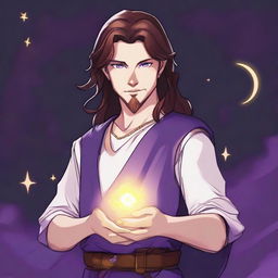 A drawing of a white-skinned teen sorcerer with long brown hair, violet eyes, and a brown beard