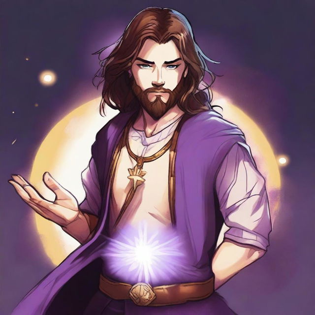 A drawing of a white-skinned teen sorcerer with long brown hair, violet eyes, and a brown beard