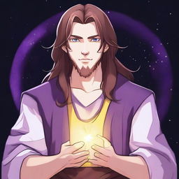 A drawing of a white-skinned teen sorcerer with long brown hair, violet eyes, and a brown beard