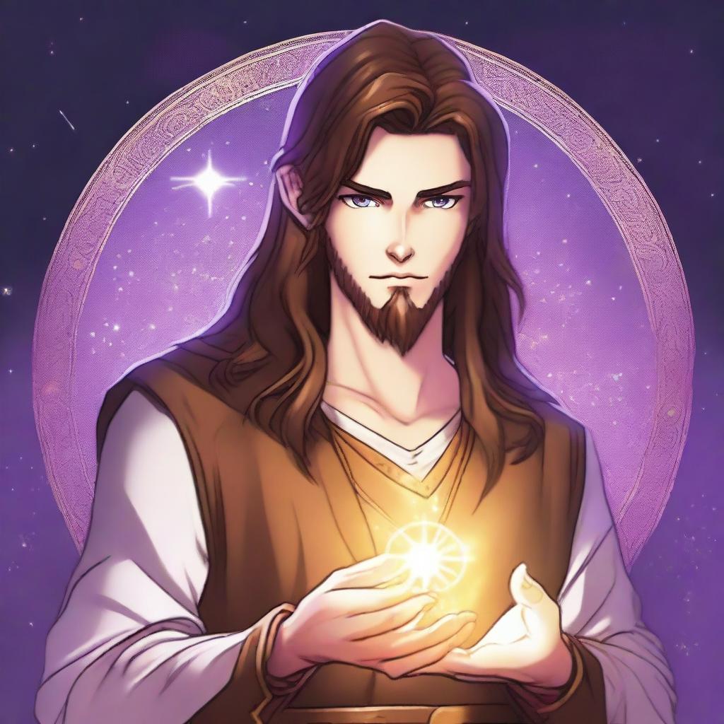 A drawing of a white-skinned teen sorcerer with long brown hair, violet eyes, and a brown beard