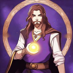 A drawing of a white-skinned teen sorcerer with long brown hair, violet eyes, and a brown beard