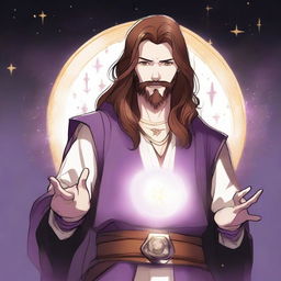 A drawing of a white-skinned teen sorcerer with long brown hair, violet eyes, and a brown beard