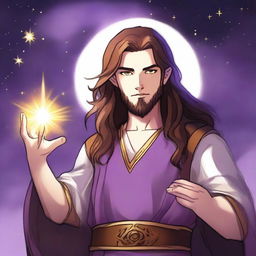 A drawing of a white-skinned teen sorcerer with long brown hair, violet eyes, and a brown beard