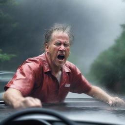 A dramatic scene of a mad man wearing nurse scrubs driving fast to the hospital in hurricane weather