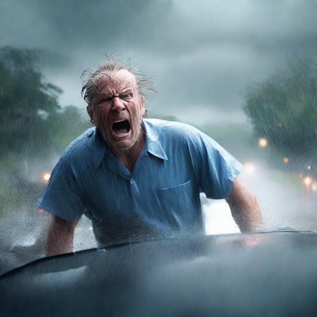 A dramatic scene of a mad man wearing nurse scrubs driving fast to the hospital in hurricane weather