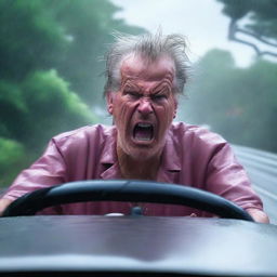 A dramatic scene of a mad man wearing nurse scrubs driving fast to the hospital in hurricane weather