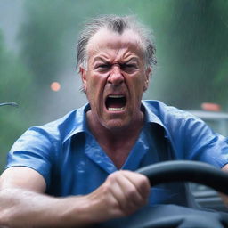 A dramatic scene of a mad man wearing nurse scrubs driving fast to the hospital in hurricane weather