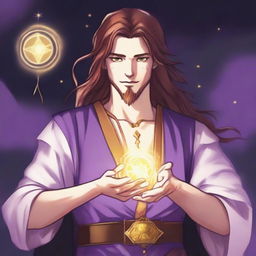 A drawing of a white-skinned teen sorcerer with long brown hair, violet eyes, and a brown beard