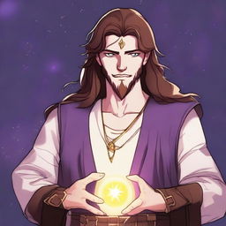 A drawing of a white-skinned teen sorcerer with long brown hair, violet eyes, and a brown beard