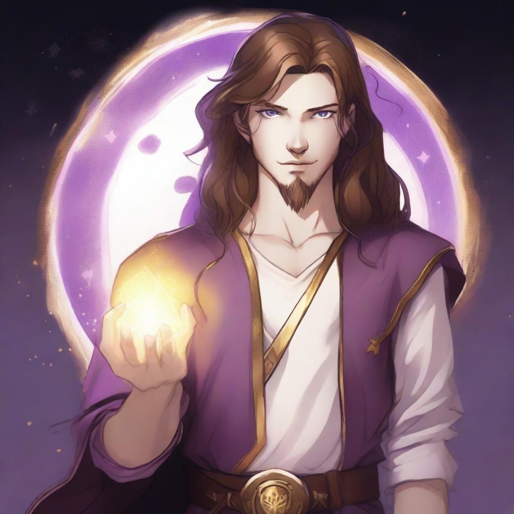 A drawing of a white-skinned teen sorcerer with long brown hair, violet eyes, and a brown beard