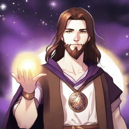 A drawing of a white-skinned teen sorcerer with long brown hair, violet eyes, and a brown beard