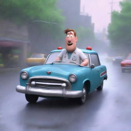 A Pixar-style animated scene of a frustrated man wearing nurse scrubs driving fast to the hospital