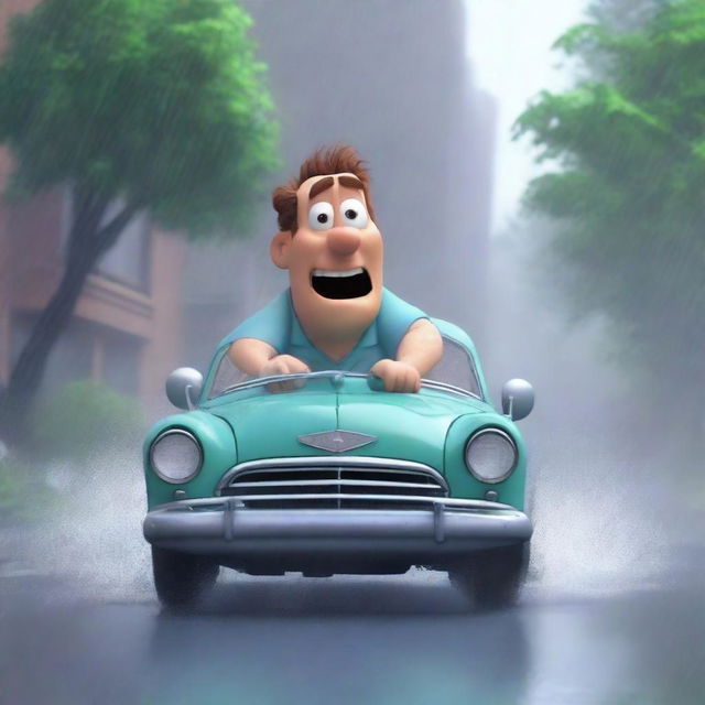 A Pixar-style animated scene of a frustrated man wearing nurse scrubs driving fast to the hospital