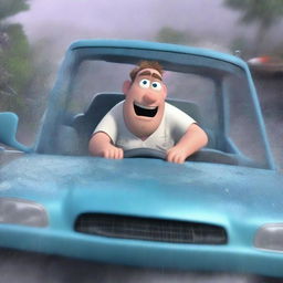 A Pixar-style animated scene of a frustrated man wearing nurse scrubs driving fast to the hospital