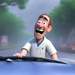 A Pixar-style animated scene of a frustrated man wearing nurse scrubs driving fast to the hospital