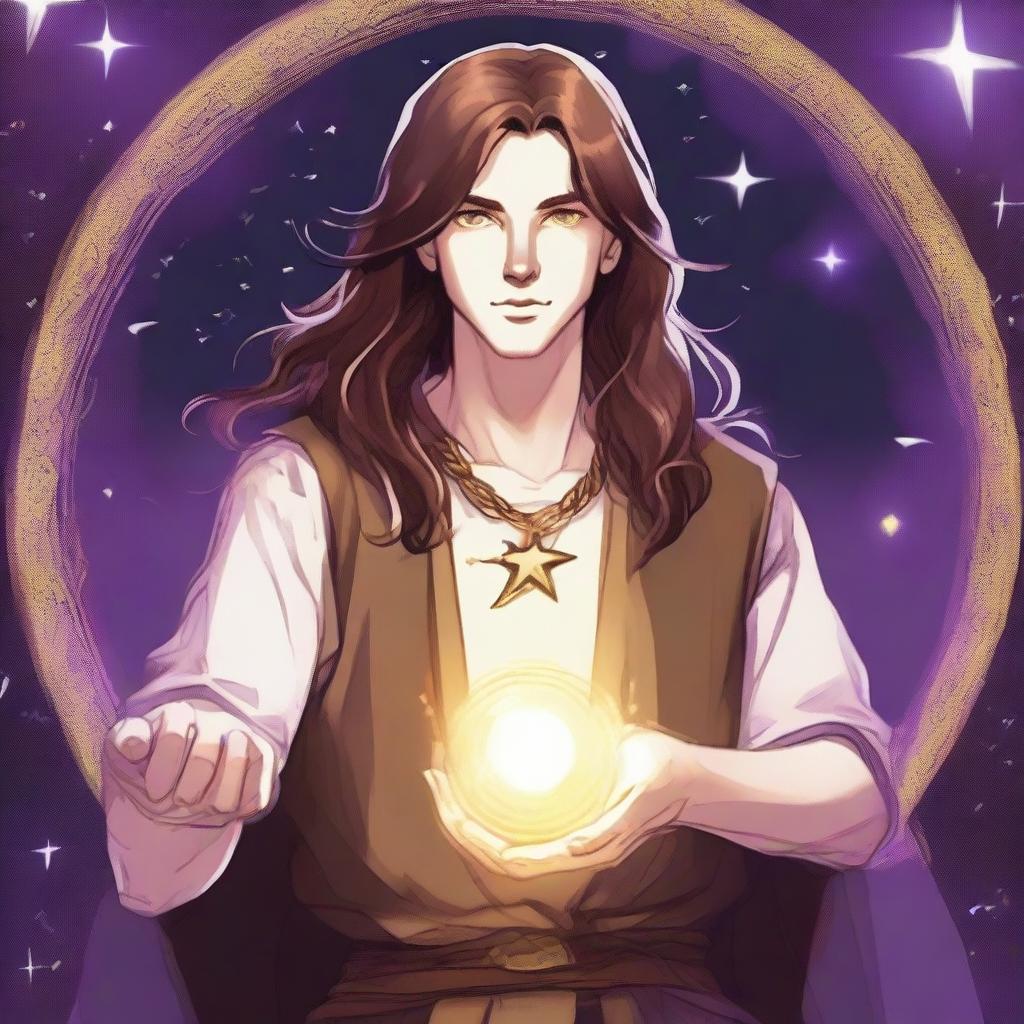 A detailed drawing of a white-skinned teen sorcerer with long brown hair, violet eyes, and a brown beard