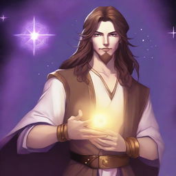 A detailed drawing of a white-skinned teen sorcerer with long brown hair, violet eyes, and a brown beard