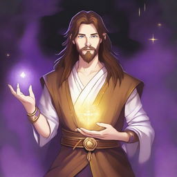 A detailed drawing of a white-skinned teen sorcerer with long brown hair, violet eyes, and a brown beard