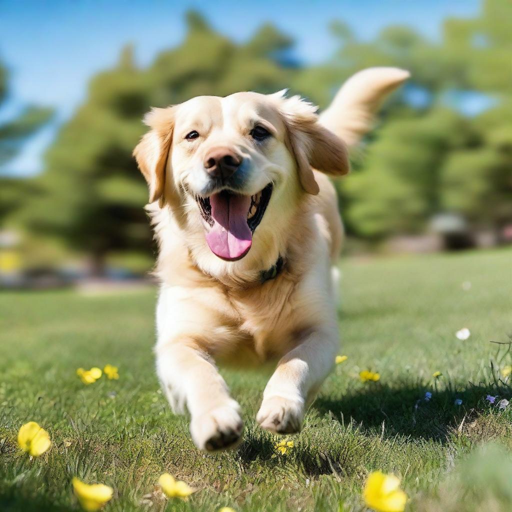 A playful dog in a vibrant outdoor park, running around and enjoying the sunshine