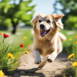 A playful dog in a vibrant outdoor park, running around and enjoying the sunshine