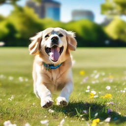 A playful dog in a vibrant outdoor park, running around and enjoying the sunshine