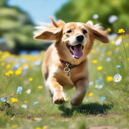 A playful dog in a vibrant outdoor park, running around and enjoying the sunshine