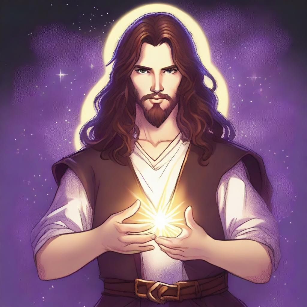 A detailed drawing of a white-skinned teen sorcerer with long brown hair, violet eyes, and a brown beard