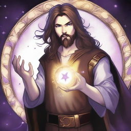 A detailed drawing of a white-skinned teen sorcerer with long brown hair, violet eyes, and a brown beard