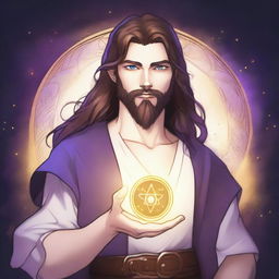 A detailed drawing of a white-skinned teen sorcerer with long brown hair, violet eyes, and a brown beard