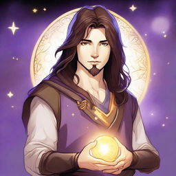 A detailed drawing of a white-skinned teen sorcerer with long brown hair, violet eyes, and a brown beard