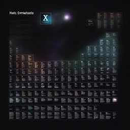 A dark, black space scene with stars and faint nebulae, featuring the complete periodic table of elements as a subtle watermark overlay