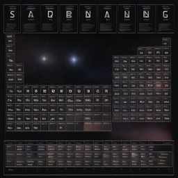 A dark, black space scene with stars and faint nebulae, featuring the complete periodic table of elements as a subtle watermark overlay