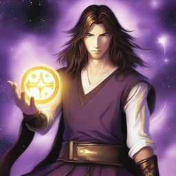 A white-skinned teen sorcerer with long brown hair, violet eyes, and a brown beard