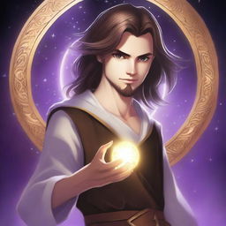 A white-skinned teen sorcerer with long brown hair, violet eyes, and a brown beard