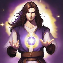 A white-skinned teen sorcerer with long brown hair, violet eyes, and a brown beard